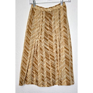 Vintage Emanuel Ungaro Womens Midi A-Line Skirt 10 Tan Herringbone Pleated 60s